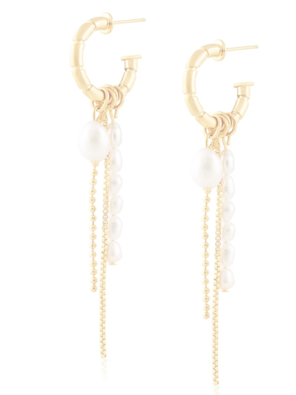 Gold Tone Bamboo Hoop With Cascading Pearls & Chains‎ Earrings